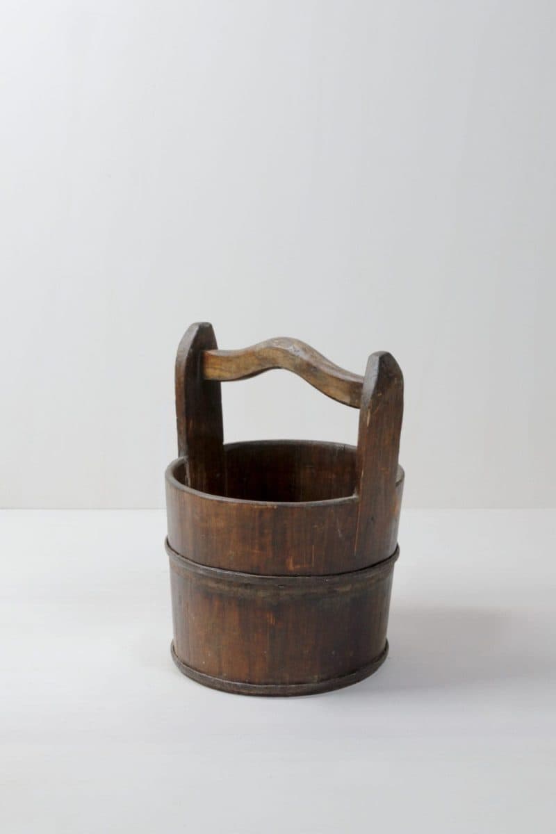 chinese wooden water buckets, wooden vases, event decoration for rent, wooden bucket dried flowers