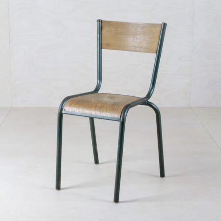 Tubular Steel Chair Salazar Green | A classic from French classrooms. Tubular steel chair Mullca 510 has a neat patina and is from the 1960s. In the different colours we rent out about 120 steel chairs. Some of the chairs have small scribbles and indentations with which pupils immortalized themselves many years ago. | gotvintage Rental & Event Design