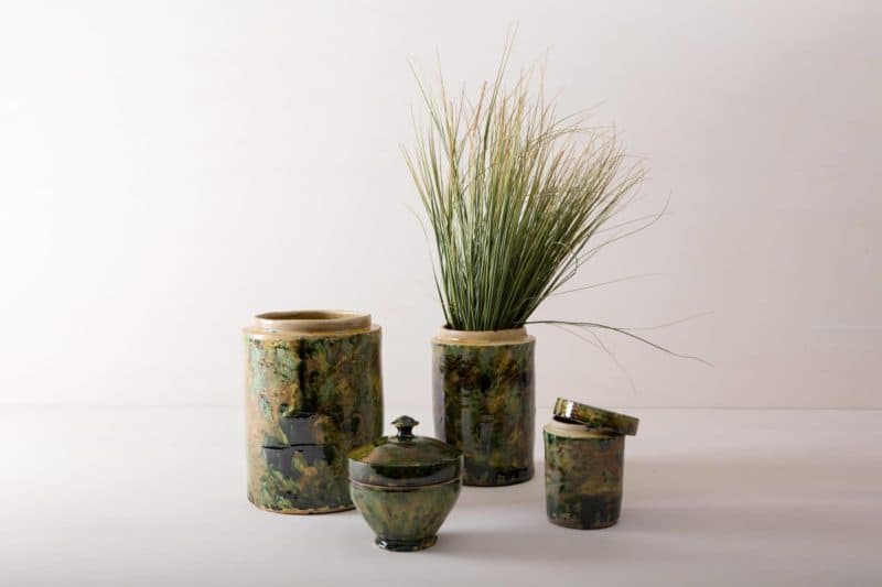  | These unique vases of the series Punca are individually and interestingly colored. Together they give a wonderful and unique impression and look great in autumn as well as in summer decoration set ups. Whether as a vase for a great autumn or cornflower bouquet or as a candy box on the buffet vase Punca is diverse and occasionally a different look.Green marbled ceramics, the old technique of marble glaze is very popular in southern Italy. The cylindrical storage jars date back to the 1930s ... | 